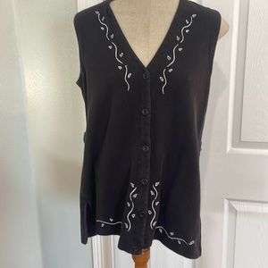 Vintage Talbots vest embroidered button-down 100% cotton long black womens S